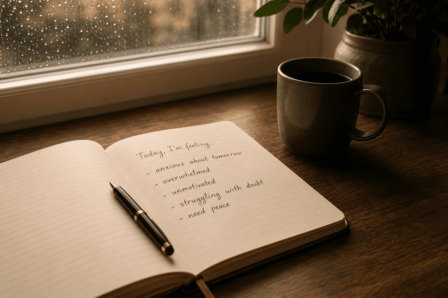 Open journal by a rainy window with a coffee mug and handwritten reflections