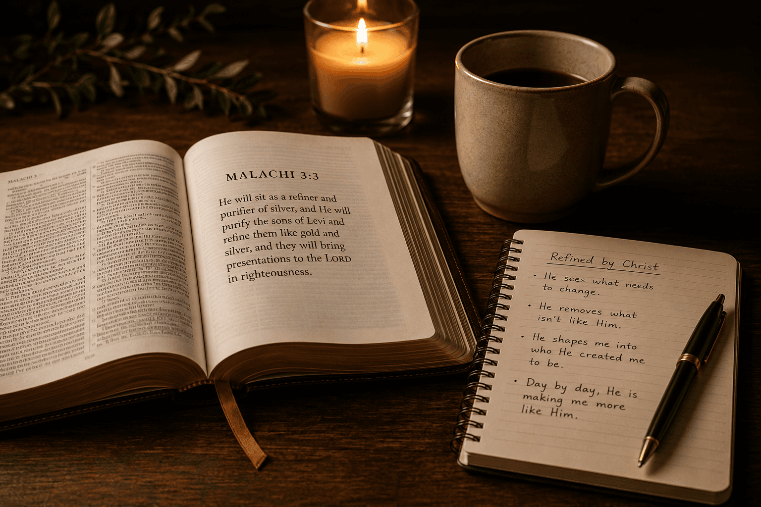 Open Bible to Malachi 3:3 with a notebook about being refined by Christ