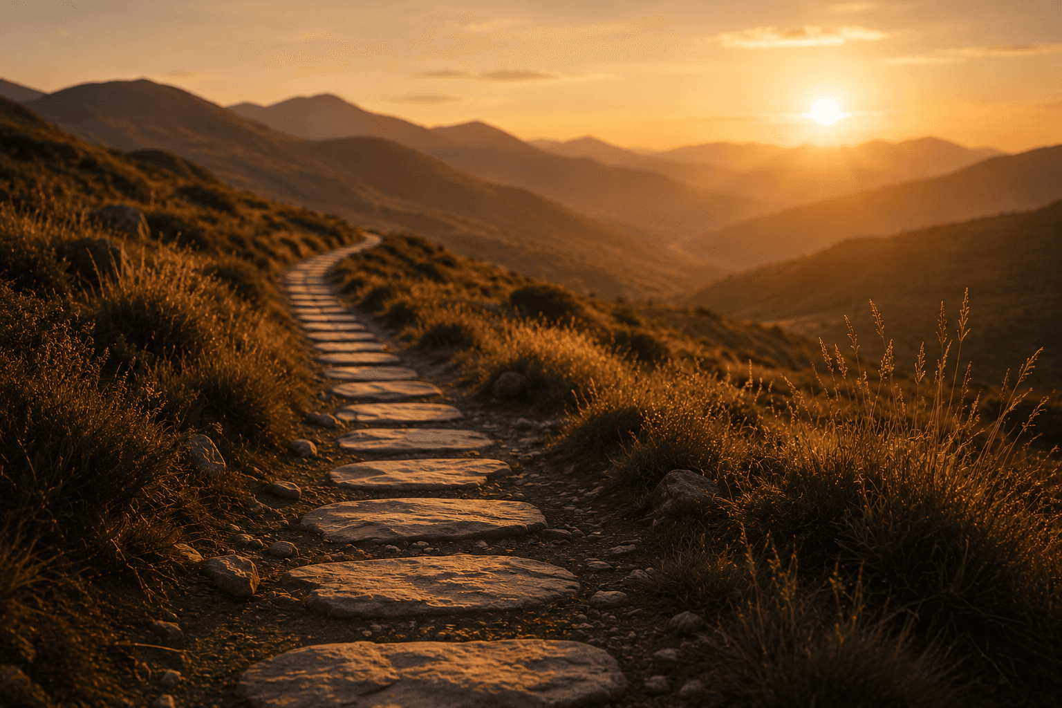 A warm golden mountain path at sunrise representing spiritual growth over time